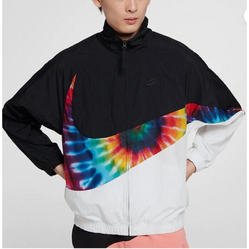 Nike RARE Mens Big Swoosh Rainbow Logo Jacket Track Windbreaker Black White M